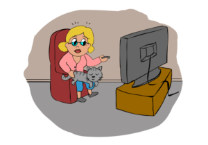 woman petting cat and watching tv